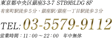 東京都中央区銀座3-3-7　STB9BLDG 8F 営業時間　12:00〜21:00 年中無休・完全予約制